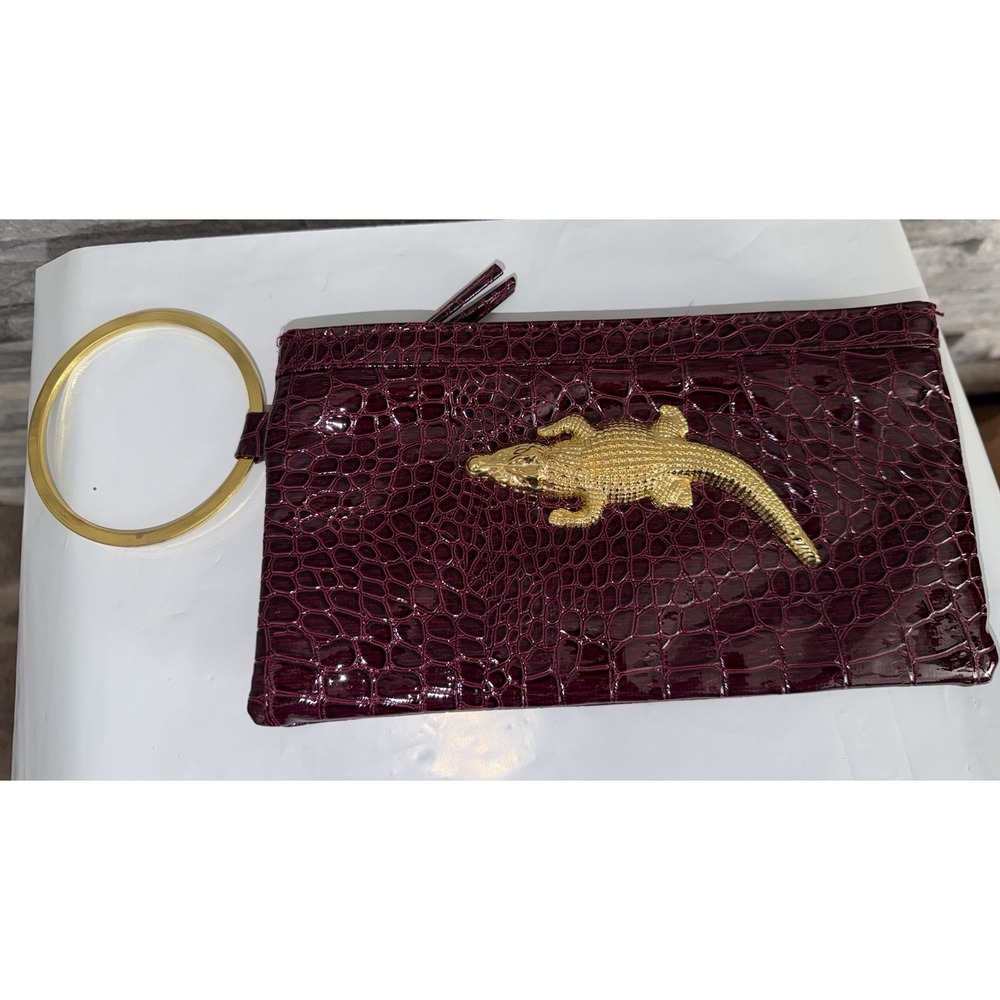 Y2K Faux Croc Wristlet Clutch Burgundy Patent Bag Gold Alligator McBling Clutch